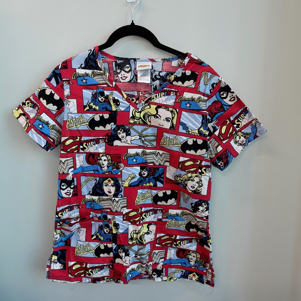 DC Comics Justice League Scrub Top XS Wonder Woman Batgirl Supergirl Comic VNeck